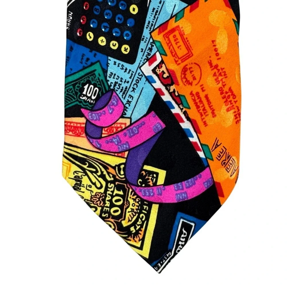 Addiction Vintage Silk Tie Mens Multi Color 90s Retro Cell Phone Calculator 57in